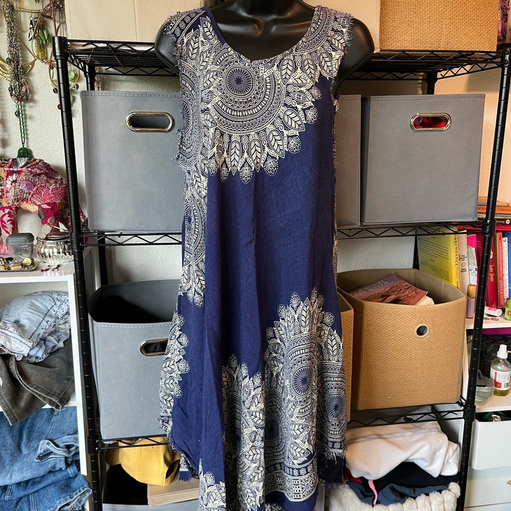 Navy Blue Printed Sleeveless Swing Dress